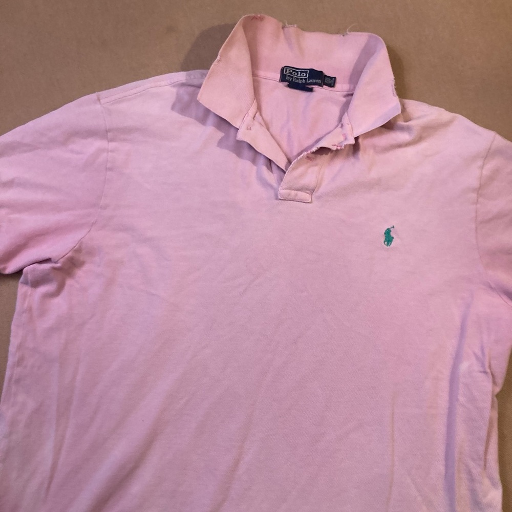 Polo Ralph Lauren pink mens polo shirt, intentionally frayed hems, cotton knit